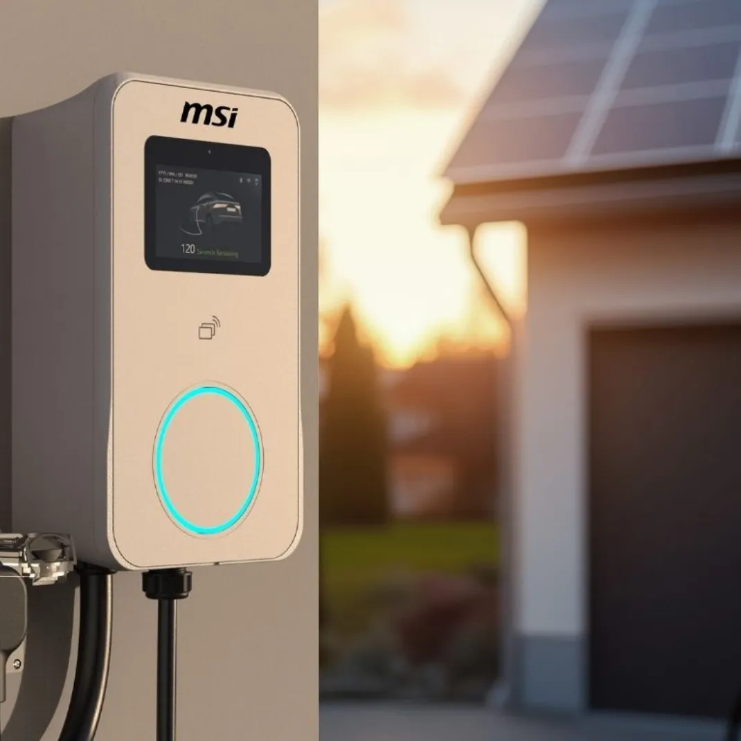 Eco Premium charger ready to charge a vehicle using the power produced by solar panels